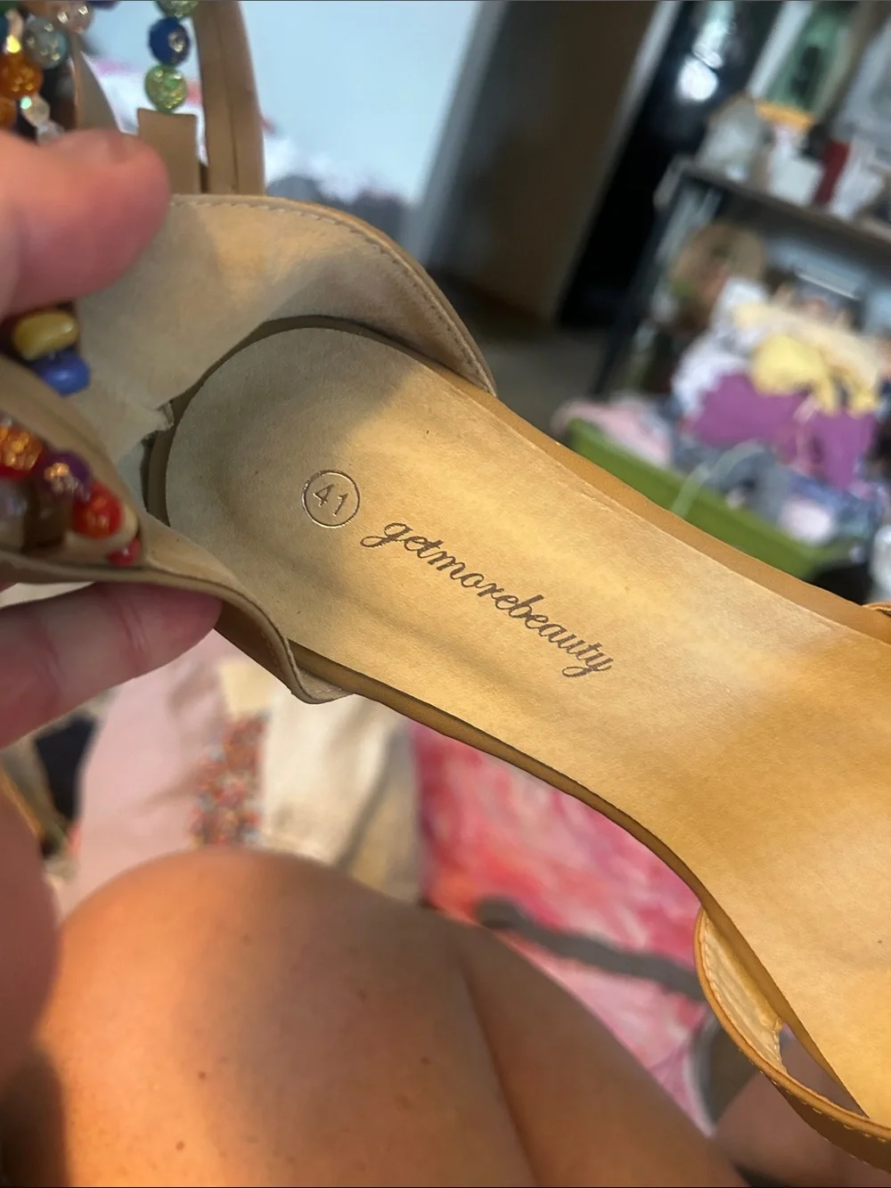 Getmorebeauty Women’s Tan Wedge Sandals with Multicolor Beaded Straps